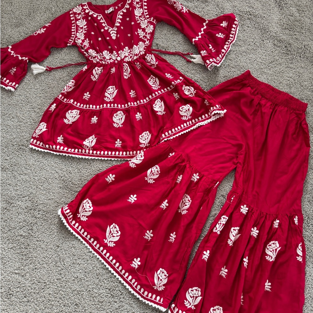 Red Floral Embroidered kids two pieces salwar kamiz cotton linen blended